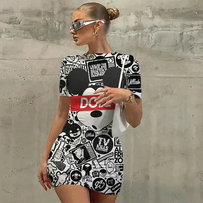 Elegant Dresses for Women 2023 Top Sexy Slim Fit Tight Women's Dress Casual Disney Mickey Mouse Print Cartoon Fashion Print