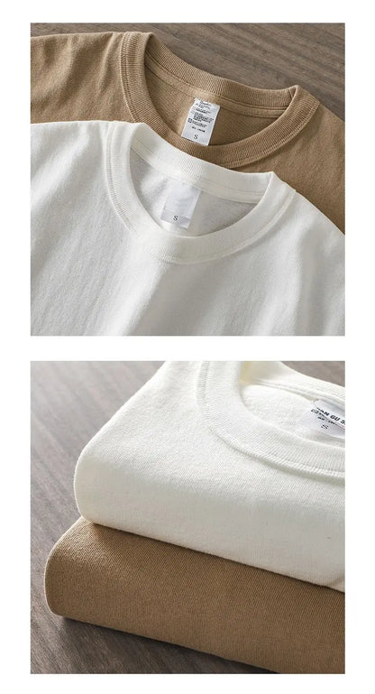 Japanese 320G Heavyweight Short Sleeve T-shirt Men's Summer Pure Cotton Thick Neckline Pure White Half Sleeve T-shirt