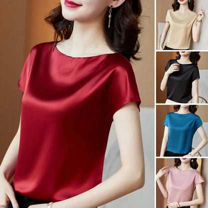 O Neck Lady T-shirt Blouse Spring Women Casual Solid Color Short Sleeve Blouses Shirts Loose Pullover Tunic Blusas Women Clothes