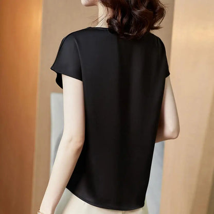 O Neck Lady T-shirt Blouse Spring Women Casual Solid Color Short Sleeve Blouses Shirts Loose Pullover Tunic Blusas Women Clothes