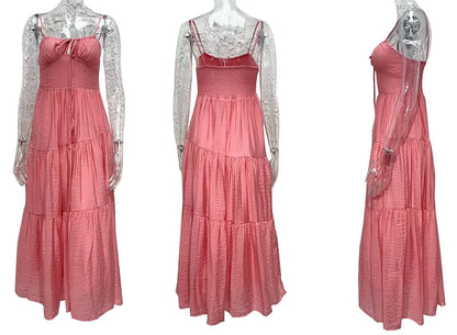 European And American Women's New Spliced Suspender Long Backless Tie Big Swing Dress With Lining