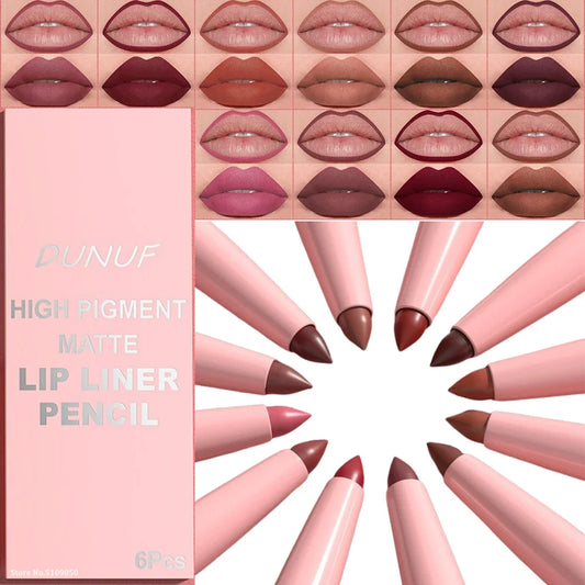 6PC Velvet Matte Lipstick Pen Nude Brown Lip Liner Pencil Kit Smooth Rose Red Pigment Waterproof Long Lasting Dye Cheek Lip Tint