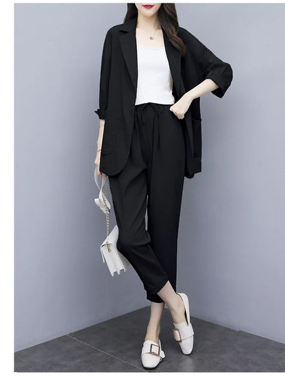 Spring and Autumn New Fashion Plus Size Women's Three Piece Suit Cotton Blended Single Button Coat Nine Point Pants Office