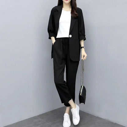 Spring and Autumn New Fashion Plus Size Women's Three Piece Suit Cotton Blended Single Button Coat Nine Point Pants Office