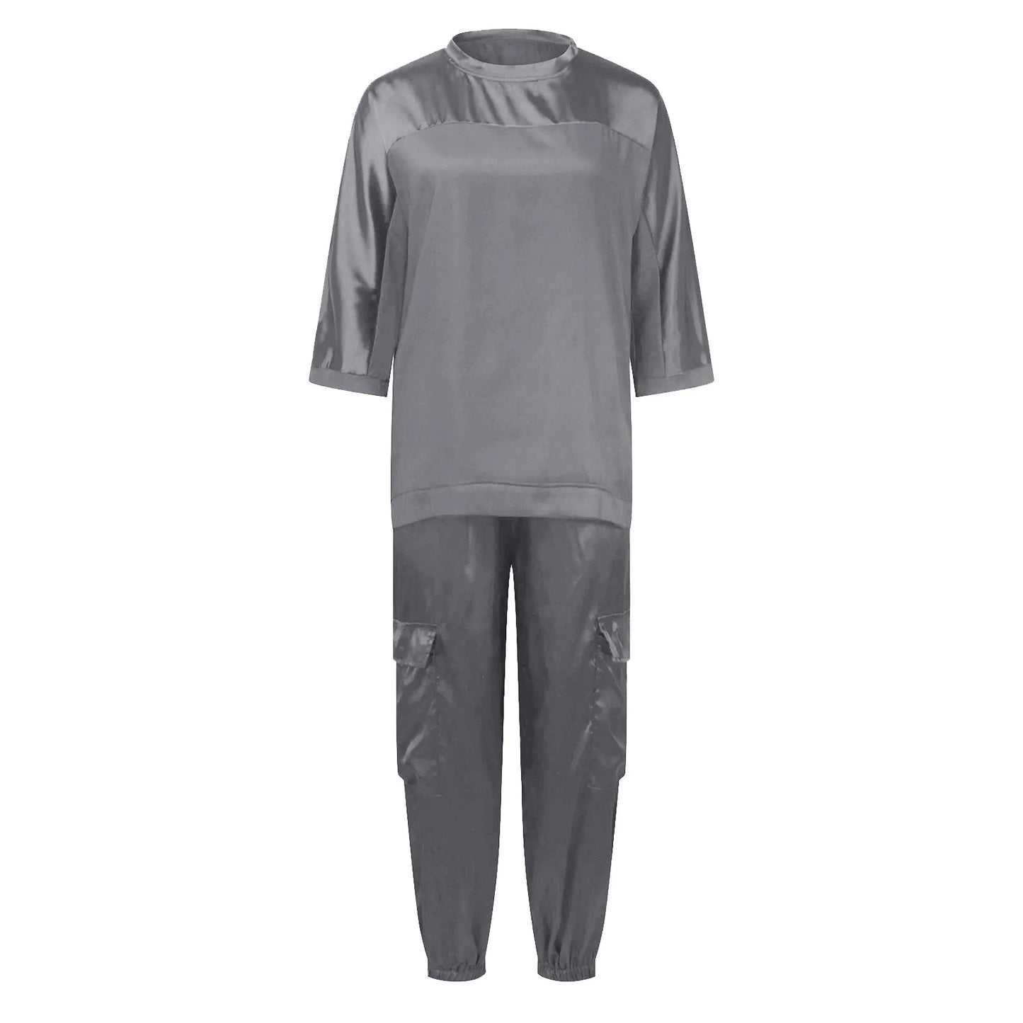 Women's Smooth Satin Short-sleeved Top and Pants Two-piece Set Spring O-neck Lace Up Outfits Summer Sleek Elegance Leisure Suit