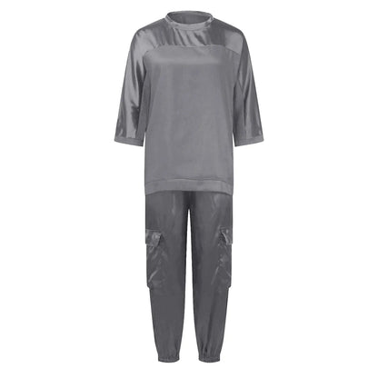 Women's Smooth Satin Short-sleeved Top and Pants Two-piece Set Spring O-neck Lace Up Outfits Summer Sleek Elegance Leisure Suit