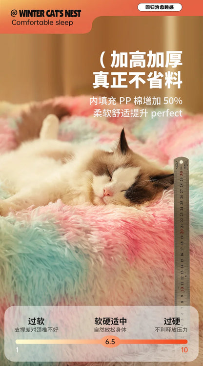 Rainbow Plush Cat Beds Thicken Fluffy Dog Mats Super Soft Cat House Large Size Winter Kitten Nest Warm Dog Sleep Pet Bed