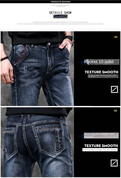 Men's Denim Jeans Classic Stretch Slim Straight-leg Trousers Casual All-match Pants Male Blue Black