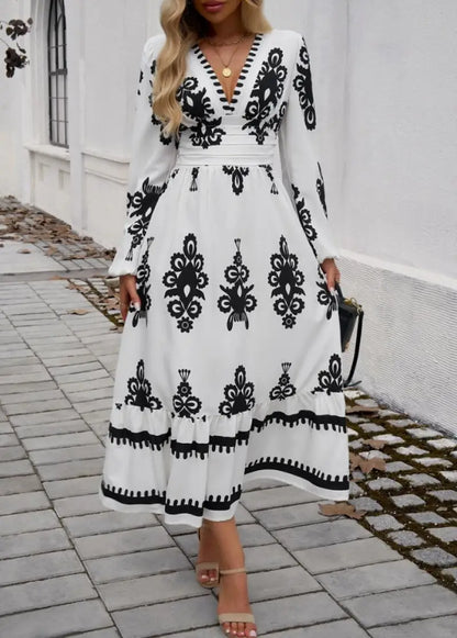 Elegant Dresses Women Summer 2024 Autumn Casual Tribal Ethnic Print V-Neck Long Sleeved High Waist Elegant Vacation A-Line Dress