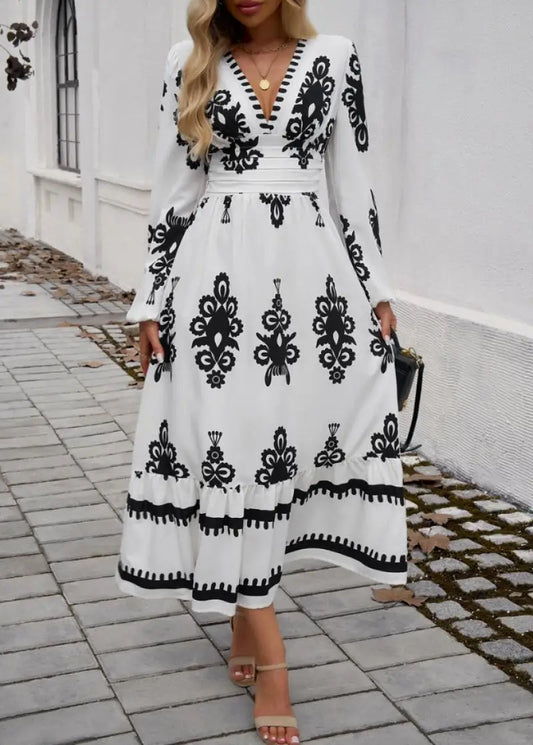 Elegant Dresses Women Summer 2024 Autumn Casual Tribal Ethnic Print V-Neck Long Sleeved High Waist Elegant Vacation A-Line Dress