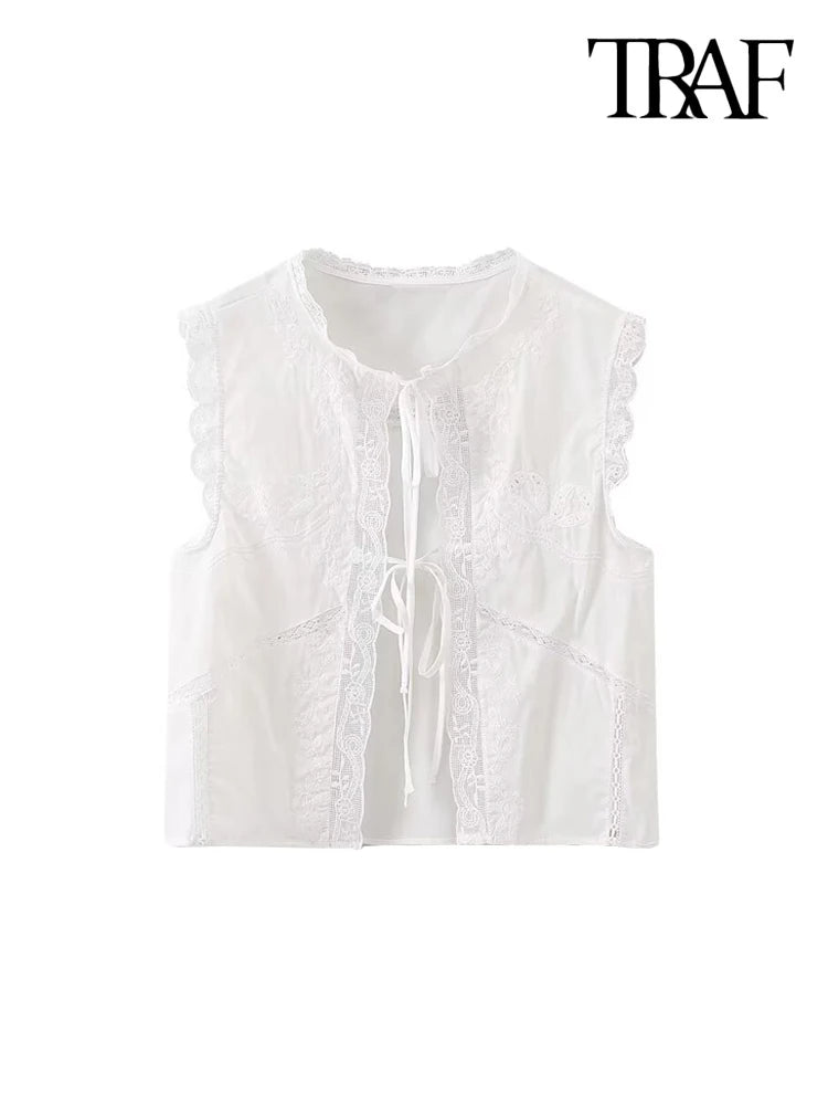 TRAF-Women's Lace Embroidery Blouses, O Neck, Sleeveless, Front Tied, Female Shirts, Chic Tops, Fashion