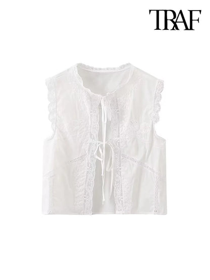 TRAF-Women's Lace Embroidery Blouses, O Neck, Sleeveless, Front Tied, Female Shirts, Chic Tops, Fashion