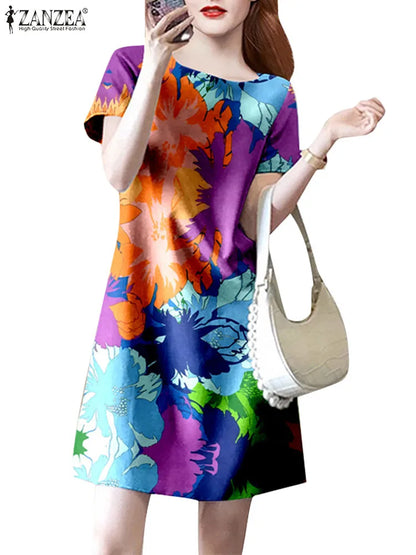 2024 ZANZEA Fashion Summer Bohemian O Neck Short Sleeve Flroal Printed Knee-length Dress Women  Holiday Sundress Party Vestido
