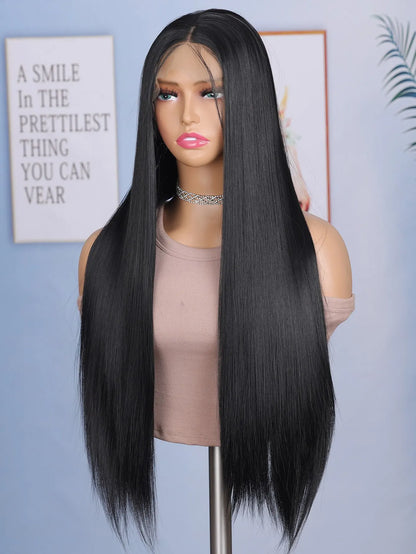 24 Inch Straight Lace Front Chemical Fiber Wigs Black Color Synthetic Straight Hair Wigs For Daily Party Cosplay Wear