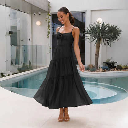 European And American Women's New Spliced Suspender Long Backless Tie Big Swing Dress With Lining