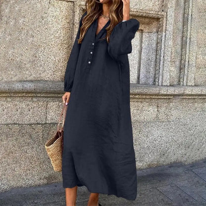 Stylish Button-breasted Dress for Women Elegant V-neck Cotton Linen Dress with Long Sleeves Button Decoration for Summer Ladies