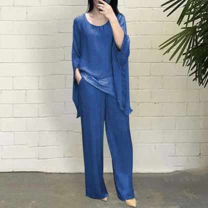 Fashionable Women Suit Stylish Women's Casual Suit with Wide Leg Pants Batwing Sleeve Top for Home Office Party Outfits Wide-leg