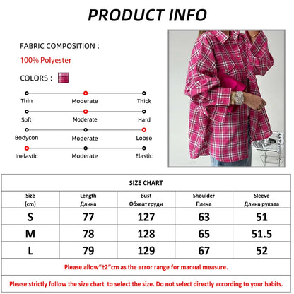 Mnealways18 Pink Brightly Plaid Shirts For Women Spring Summer 2024 Long Sleeves Classic Lapel Blouses And Tops Oversize Checked