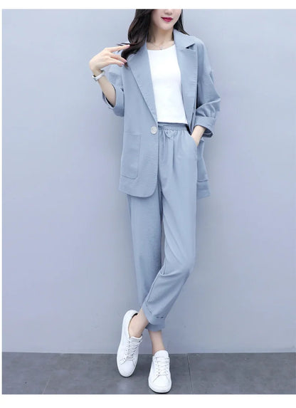 Spring and Autumn New Fashion Plus Size Women's Three Piece Suit Cotton Blended Single Button Coat Nine Point Pants Office