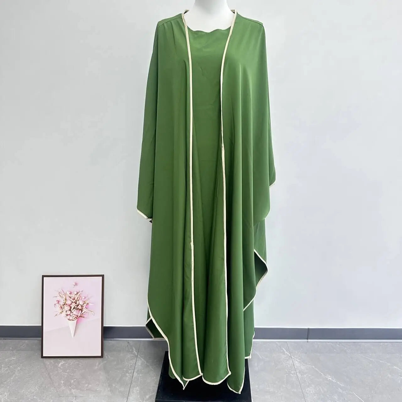 Muslim Women Dress Two Piece Set Eid Ramadan Morocco Dubai Open Abayas Vestidos Arab Cardigan Robe Suit Islam Modest Kaftan