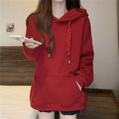 QWEEK Korean Style Hooded Sweatshirts Christmas Red Women's Hoodie Oversize Long Sleeve Pullovers Autumn Winter Warm Fashion New