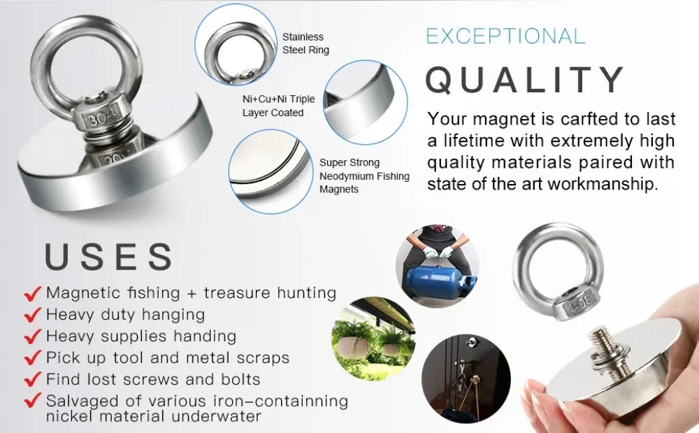 Super Strong Neodymium Magnets N52 Iman Ima Magnetic Fishing Magneat with Countersunk Hole Eyebolt for Salvage Magnetic Fishing