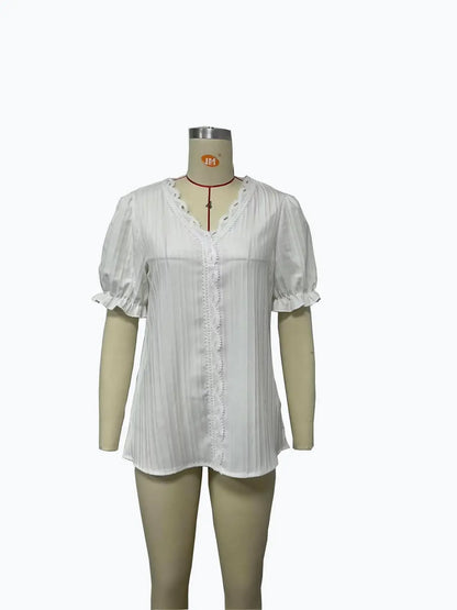 2024 Summer New Women's Blouse Top Solid Sexy V-Neck Hollow Short Sleeve Fashion Splice Plus Size Loose Street Apparel Shirt