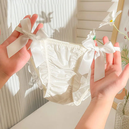 Women Sexy Satin Lace Mesh Transparent Bow Underwear Cute Lovely Sweety Princess Style Soft Panties Ruffles Breathable Breifs