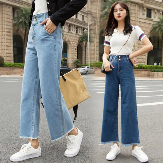 Women High Waist Straight Loose Wide Leg Casual Denim Jeans