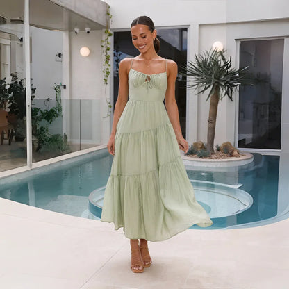 European And American Women's New Spliced Suspender Long Backless Tie Big Swing Dress With Lining