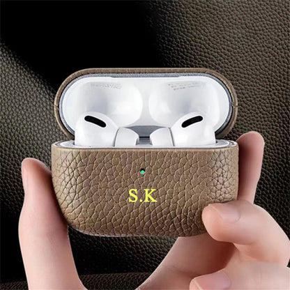 Personalized Gold Initials Letters Customize Earphone Case For Airpods 1 2 3 Pro2 Luxury Lychee Skin Pattern With Keychain Cover
