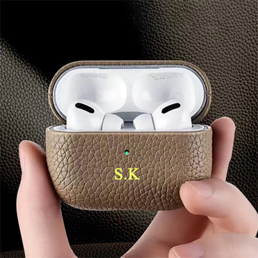 Personalized Gold Initials Letters Customize Earphone Case For Airpods 1 2 3 Pro2 Luxury Lychee Skin Pattern With Keychain Cover