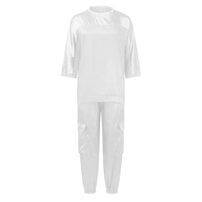 Women's Smooth Satin Short-sleeved Top and Pants Two-piece Set Spring O-neck Lace Up Outfits Summer Sleek Elegance Leisure Suit