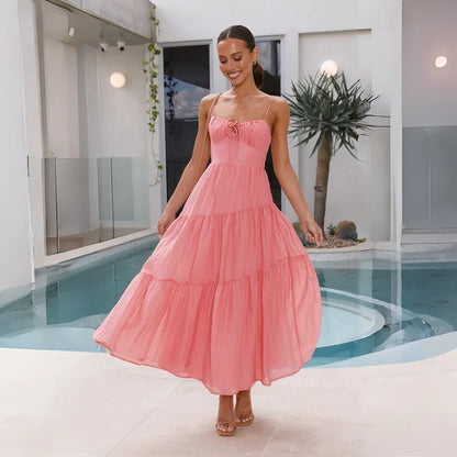 European And American Women's New Spliced Suspender Long Backless Tie Big Swing Dress With Lining