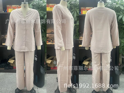 Women's Cotton and Linen Pants Suit Casual Solid Color Pullover Pants 2-piece Set White Pink