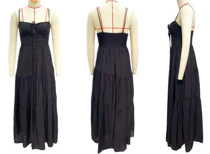 European And American Women's New Spliced Suspender Long Backless Tie Big Swing Dress With Lining
