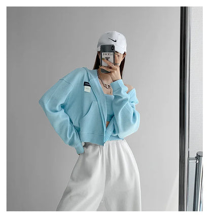 Harajuku Women Sweatshirts Korean Fashion Sportswear Female Zip Up Hoodies Vintage Streetwear Basic Casual Cropped Top Autumn