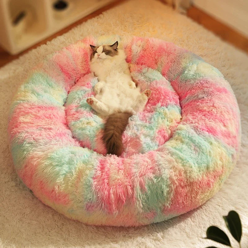 Rainbow Plush Cat Beds Thicken Fluffy Dog Mats Super Soft Cat House Large Size Winter Kitten Nest Warm Dog Sleep Pet Bed