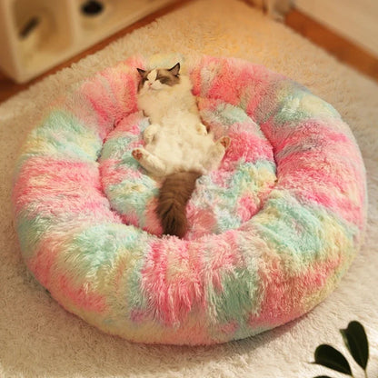 Rainbow Plush Cat Beds Thicken Fluffy Dog Mats Super Soft Cat House Large Size Winter Kitten Nest Warm Dog Sleep Pet Bed