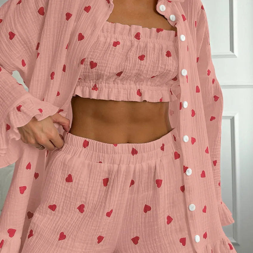 Spring New Fashion Style Love Printed Ruffle Edge Underwear Long sleeved Shorts Three piece Set for Women's Home Fury