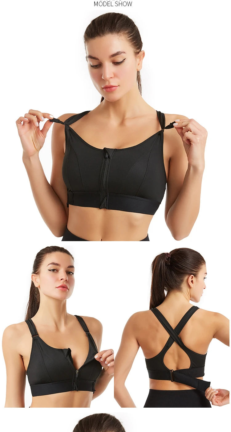 Women Sports Bras Tights Crop Top Yoga Vest Front Zipper Plus Size Adjustable Strap Shockproof Gym Fitness Athletic Brassiere