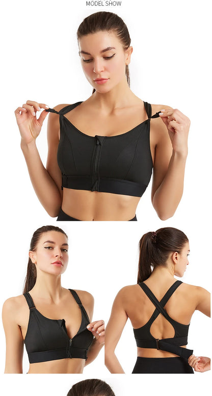 Women Sports Bras Tights Crop Top Yoga Vest Front Zipper Plus Size Adjustable Strap Shockproof Gym Fitness Athletic Brassiere