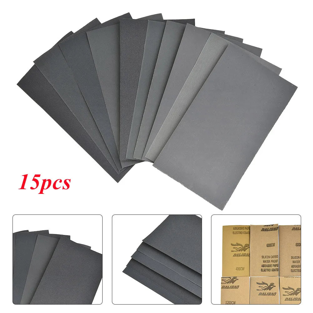 15pcs Car Surface Sand Paper 400-3000 Grit Car Metal Glass Ceramics Wood Polishing Sandpaper Wet/Dry Use