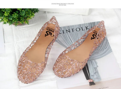 Summer women sandals flat-soled crystal clogs hollow flat-soled slip-ons shallow mouth Roman jelly shoes beach sandals