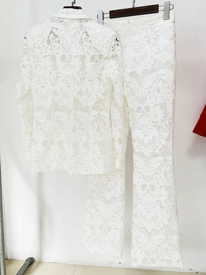 HIGH STREET Newest 2024 Designer Runway Suit Set Women's Single Button Guipure Lace Sequined Blazer Pants Suit