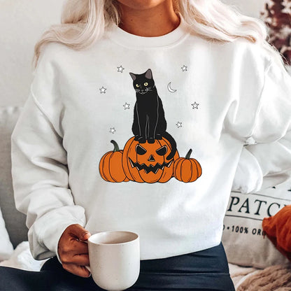 Fashion Halloween Black Cat Pumpkin Print Oversize Hoodless Pullovers For Women Autumn Winter Ladies Halloween Print Sweatshirts
