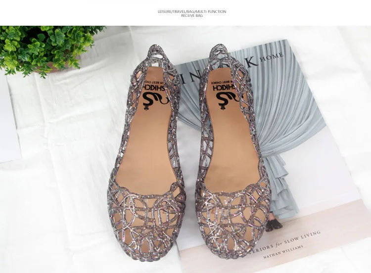 Summer women sandals flat-soled crystal clogs hollow flat-soled slip-ons shallow mouth Roman jelly shoes beach sandals