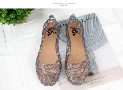 Summer women sandals flat-soled crystal clogs hollow flat-soled slip-ons shallow mouth Roman jelly shoes beach sandals