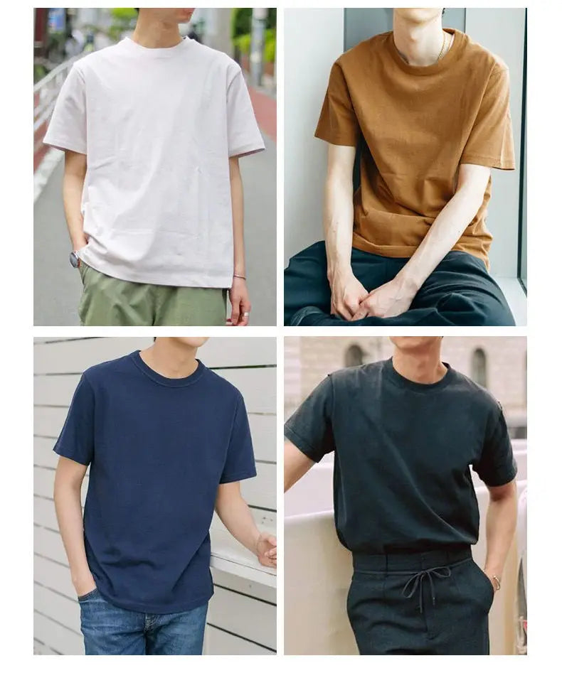 Japanese 320G Heavyweight Short Sleeve T-shirt Men's Summer Pure Cotton Thick Neckline Pure White Half Sleeve T-shirt