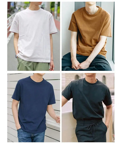 Japanese 320G Heavyweight Short Sleeve T-shirt Men's Summer Pure Cotton Thick Neckline Pure White Half Sleeve T-shirt